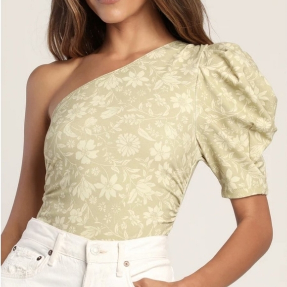 Free People Somethin Bout You Bodysuit Cactus Combo Floral Puff One Shoulder S - Picture 4 of 4